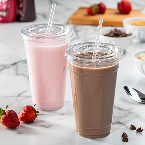 GUSTO Clear Plastic Cups with Flat Lids [24 oz - 50 Count] - Disposable Iced Coffee Cups with Lids - PET Plastic Cold Cups for Smoothies, Juices & To-Go Drinks - Formerly Comfy Package