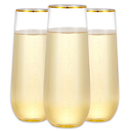N9R 12PCS Plastic Champagne Flutes, 9 oz Stemless Disposable Gold Rim Toasting Glasses, Crystal Clear Cocktail Cups Drinkware Shatterproof Ideal for Party Wedding Birthday