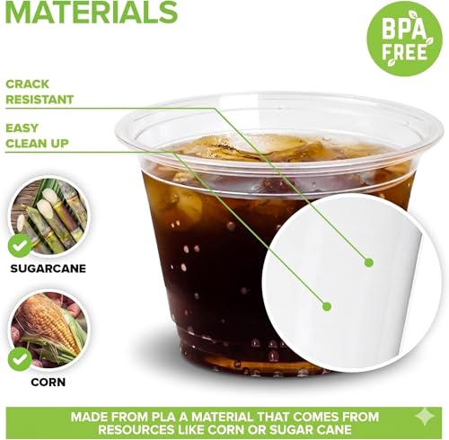Stock Your Home Commercially Compostable Cups, 9oz (100 pack) Clear Plastic Cold Cups, Disposable Cups for Parties & Everyday Use