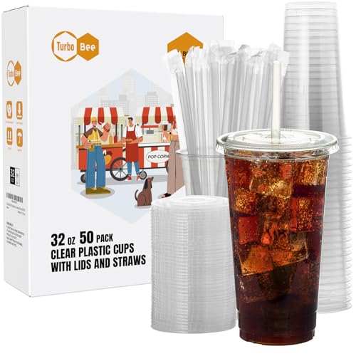 Turbo Bee 50 Sets 32 OZ Clear Plastic Cups with Lids and Straws, Disposable To Go Iced coffee cups with lids for Cold Drinks, Smoothie, and Slushie