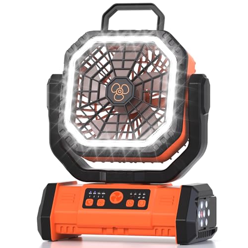 Honesorn Portable Rechargeable Fan 20000mAh, Camping Fan with LED Light & Remote, USB C Cordless Battery Powered, 4 Speeds Timer Hanging Hook for Travel Tent Outdoor Essentials - Orange