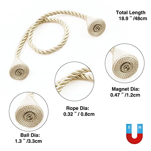 4 Pack Magnetic Curtain Tiebacks Rope Modern Handmade Curtain Tie Backs Decorative Drapes Weave Holdbacks for Window Décor, Beige