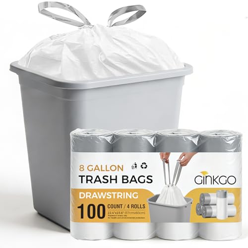 8 Gallon Trash Bags with Drawstring, 30 Liter Medium Garbage Can Liners, Leak-Proof Bathroom Trash Bags for Waste Baskets, Office & Bedroom Trash Cans, 100 Count