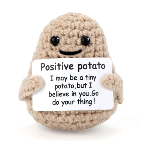Mini Funny Knitted Wool Potato Toy with Positive Card - Creative Cute Crochet Doll Cheer Up Gift for Friends Parties Women Men Mothers Day Graduation Decoration and Encouragement