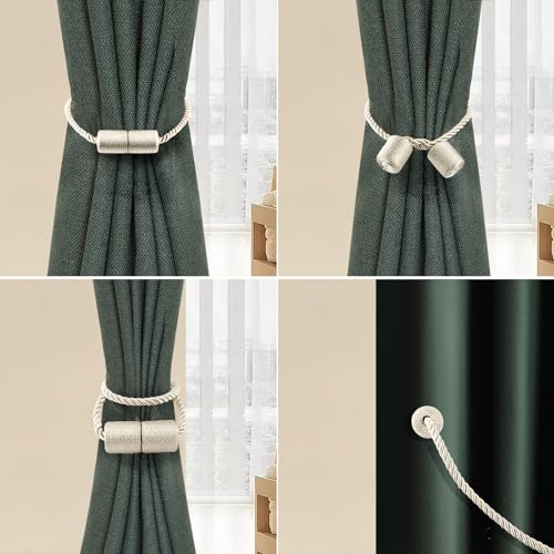 4 Pack Strong Magnetic Curtain Tiebacks with Thicker Twist Rope Decorative Tie Backs Holdbacks for Drapes Window Curtain, Beige