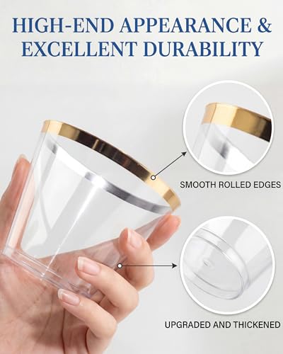 Nervure 240PCS Gold Plastic Cups - 9Oz Gold Rimmed Plastic Cups - Heavy Duty Disposable Clear Cup with Gold Rim Perfect for Weddings, Receptions & Parties