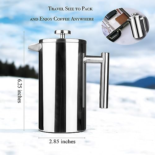 Small Stainless Steel French Press, 12oz Dual-Filter Coffee Plunger Pot Brewer and Maker for Individual Serving, Silver