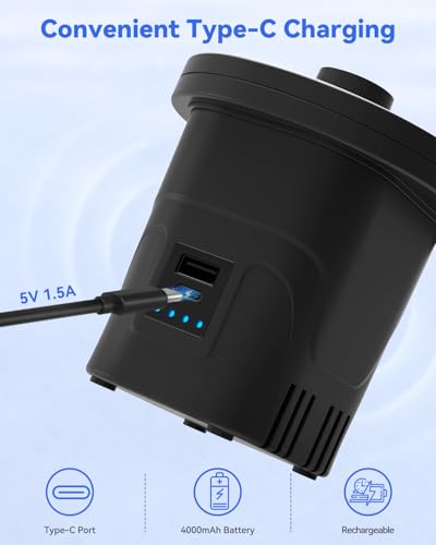 Dr.meter Air Pump for Inflatables, Rechargeable 4000mAh Battery Air Mattress Pump - Portable Quick-Fill Inflator Deflator for Outdoor Camping Inflatable Pool Float Boat Raft Yoga Ball Swim Ring Airbed