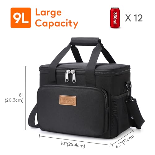 Lifewit Medium Lunch Bag, Insulated Lunch Box, Soft Cooler Cooling Tote for Adult Men Women, Black 12-Can (9L)