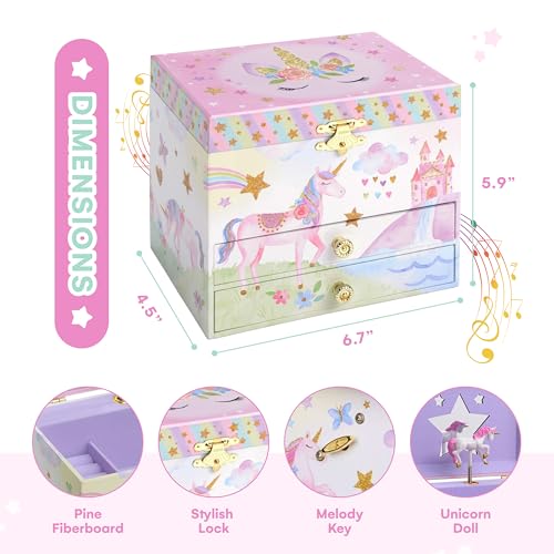 Jewelkeeper Enchanting Unicorn Musical Jewelry Box for Girls - Sparkling Rainbow Design Music Box with 2 Pullout Drawers to Store Earrings, Necklace and Bracelets - Plays The Beautiful Dreamer Tune
