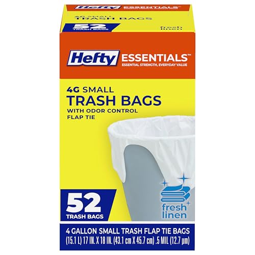 Hefty Essentials Flap Tie 4 Gallon Trash Bags, 52 Count, Small Scented Trash Bags for Bathrooms, Bedrooms, Dorm Rooms, Home Offices, and More, Fresh Linen Scent, White