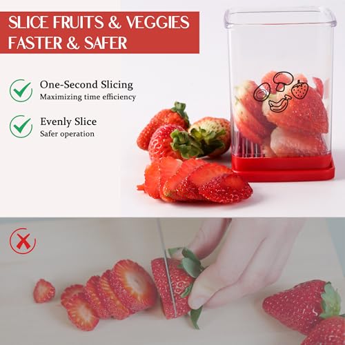 2 Pcs Cup Slicer, Stainless Steel Strawberry & Banana Slicer, Speed Fruit Cutter with Push Plate, Quickly Making Salad, Must Have Kitchen Gadget (Cyan+Red)
