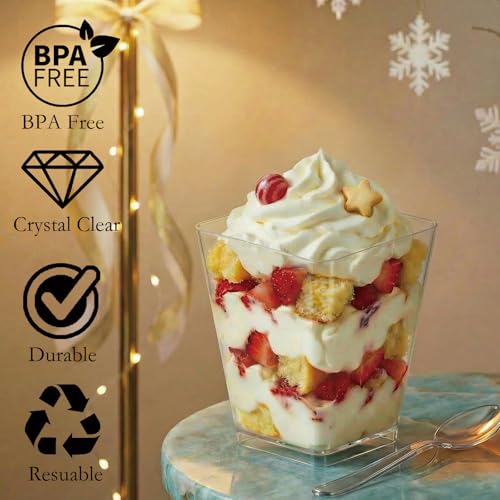 Hiasobre 50Pack 5oz Square Plastic Dessert Cups with Spoons, Reusable Clear Parfait Appetizer Cups, Mini Party Trifle Shooter Serving Cups, Dessert Shot Glasses for Tasting