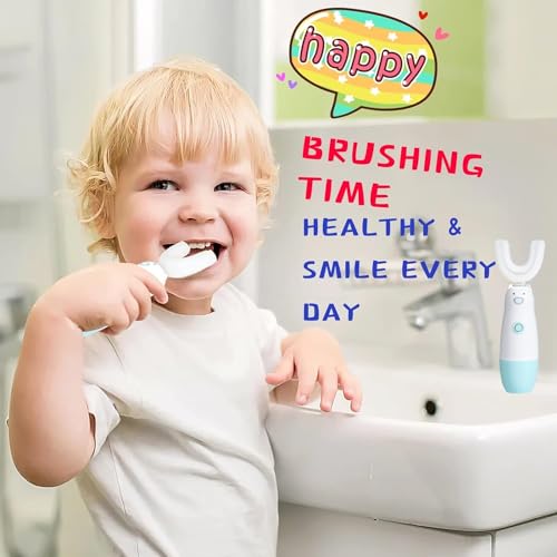 Meqtpomy Kids Electric Toothbrush，Toddler Toothbrush Waterproof Battery Powered 360 Automatic Sonic u Shaped Toothbrushes for 2-7 Years Old for Boys Girls，with 2 Replacement Brush Heads（Blue）