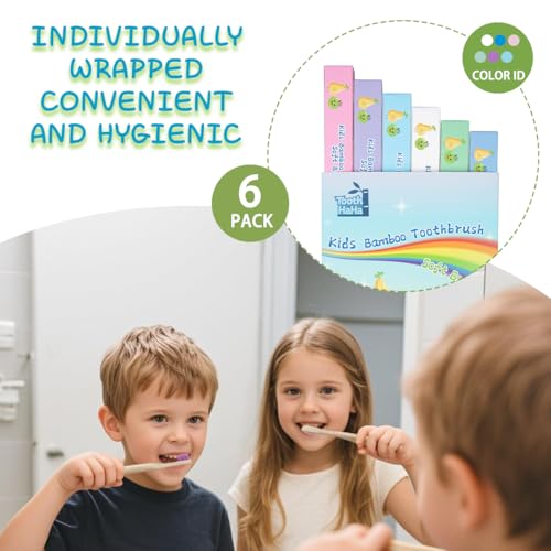 Kids Bamboo Toothbrushes, BPA-Free Soft Bristles, Eco-Friendly Natural Wooden Toddler Toothbrush, 6-Pack Travel Toothbrushes Set for Children