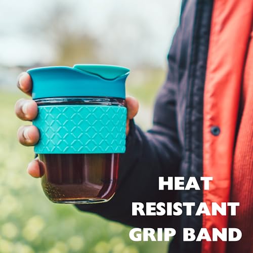 Reusable Strengthened Glass Travel Cup - Spill Proof Coffee Mug - 12oz/340ml BPA-Free Hot Drink Travel Mug with Lid & Silicone Band (Ice Cream, 12oz)