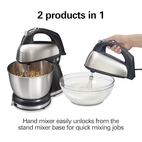 Hamilton Beach Classic Stand and Hand Mixer, 4 Quarts, 6 Speeds with QuickBurst, Bowl Rest, 290 Watts Peak Power, Black and Stainless
