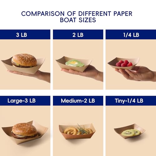 JOLLY CHEF 2lb Paper Food Trays, 100 Pack Disposable Paper Boat, Serving Boats, Food Holder Trays for Snacks French Fries Nachos Hot Dog Tacos BBQ Party