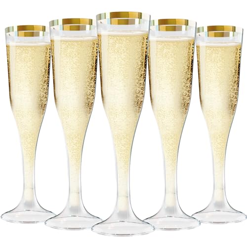 Zcaukya 100 Plastic Champagne Flutes, 4.5oz Clear Disposable Hard Stemware Cups with Golden Rim, Plastic Champagne Glasses for Wedding, Graduation Party, Bridal Shower, Birthday Party