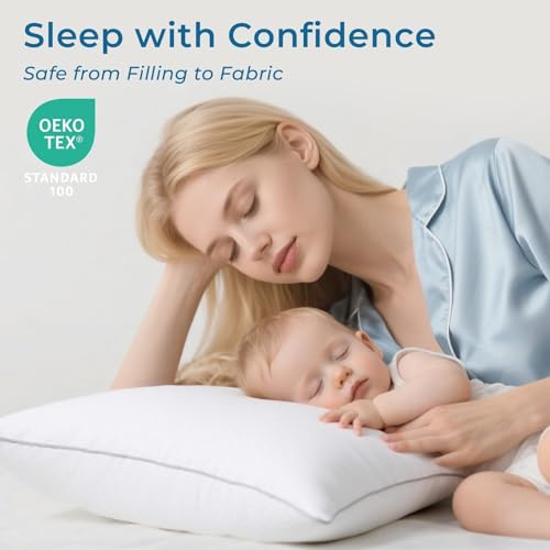 Sasttie Bed Pillows for Side, Back, and Stomach Sleepers - Oeko-Tex Certified Down Alternative Plump Filling - Hotel Quality and Machine Washable, White, Queen Size Set of 2