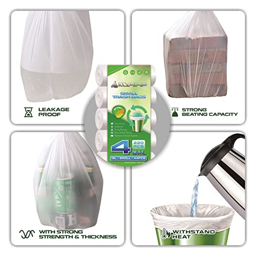 220 Counts Aklyaiap 4 Gallon Trash Bag,Tear & Leak Resistant Bathroom Biodegradable Small Garbage Can Bags Unscented for Home & Kitchen, 5Rolls, White