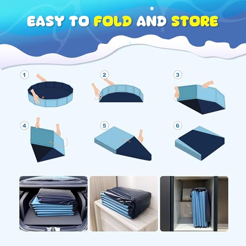 COMMOUDS Foldable Dog Pool for Large Dogs, Hard Plastic Dog Kiddie Swimming Pool, Collapsible Pet Bath Tub Wading Pools for Kids and Puppy Small Medium Dogs(63inch.D x 12inch.H)