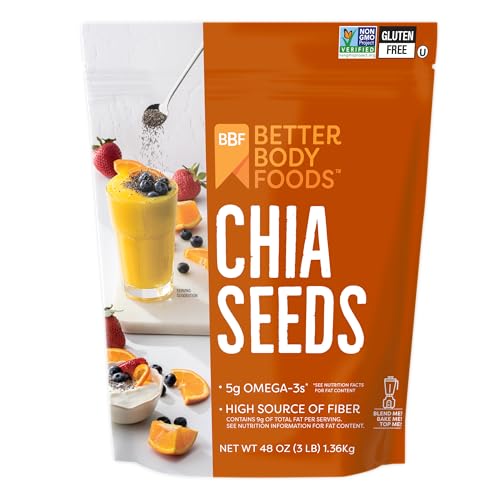 BetterBody Foods Chia Seeds 3 lbs, 48 Oz, with Omega-3, Non-GMO, Gluten Free, Keto Diet Friendly, Vegan, Good Source of Fiber, Add to Smoothies