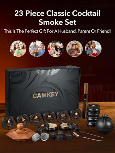 23Pcs Whiskey Smoker Kit with Torch-12 Wood Chips, Ice Ball Mold, Cocktail Smoker Infuser Kit, Old Fashioned Drink Smoker Kit, Birthday Bourbon Whiskey Gifts for Men,Dad,Him, Valentine's Day Gifts