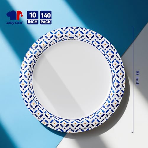 JOLLY CHEF 10 Inch Paper Plates 140 Count, Soak-Proof, Cut Proof, Disposable Heavy Duty Plates for Picnic, Family Gatherings, Parties