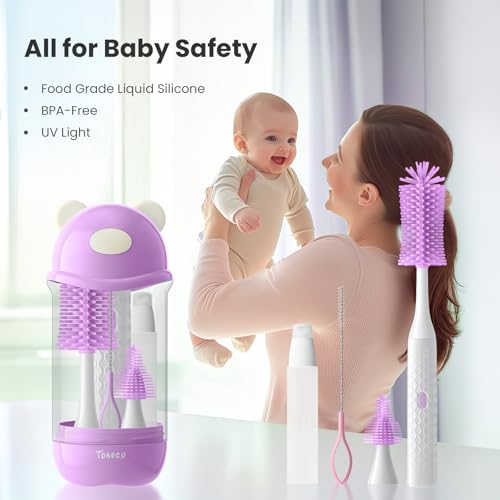 Electric Bottle Brush Cleaner Set, Bear-Shaped Travel Baby Bottle Cleaner Kit with Silicone Nipple & Straw Brush, Soap Dispenser, Drainage Rack, Storage Box(Purple)