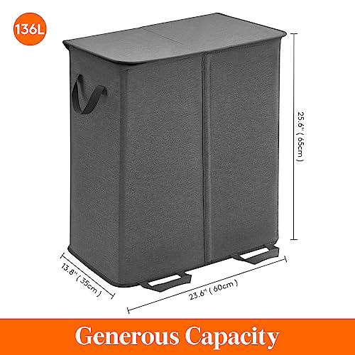 Lifewit Double Laundry Hamper with Lid and Removable Laundry Bags, Large Collapsible 2 Dividers Dirty Clothes Basket with Handles for Bedroom Laundry Room Closet Bathroom College, 136L Black