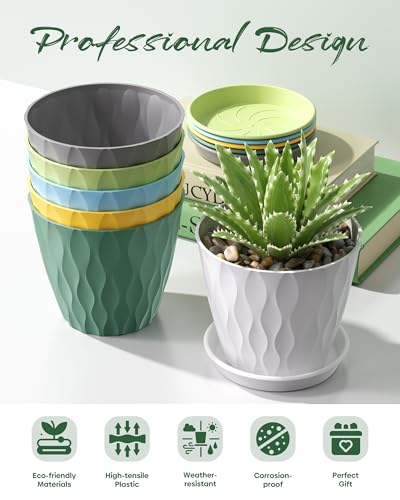 4 Inch Plant Pots with Drainage Holes, 6 Pack Plastic Indoor Flower Pots, Succulent Pots for Orchids, Violets, Succulents, Herbs, and Other Small Plant, 6 Colors