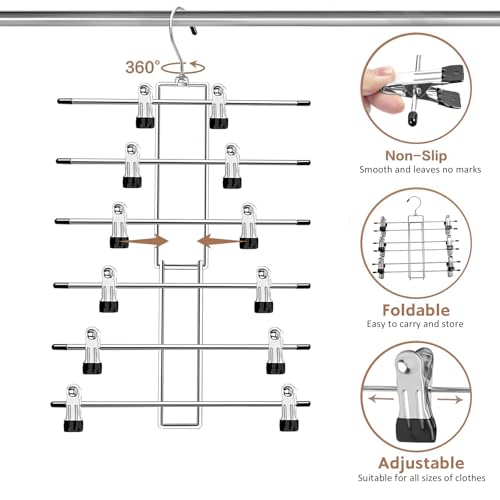 Pants Hangers with Clips,Space Saving Hanging Closet Organizer-6 Tiers Skirt Hangers with 360° Swivel Hook,Closet Organizer-Clothes Hangers- College Dorm Essentials Apartment Essentials-2 Pack