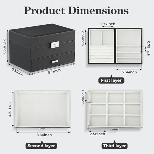 Dajasan Jewelry Organizer Box, Large Jewelry Boxes for Women Girls, Space-Saving 3 Layers Jewelry Storage Case with Drawer, Movable Metal Stand, Modern, Gift Idea (Black)