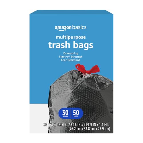 Basics Flextra Multipurpose Drawstring Trash Bags, 30 Gallon, 50 Count, Tear Resistant
