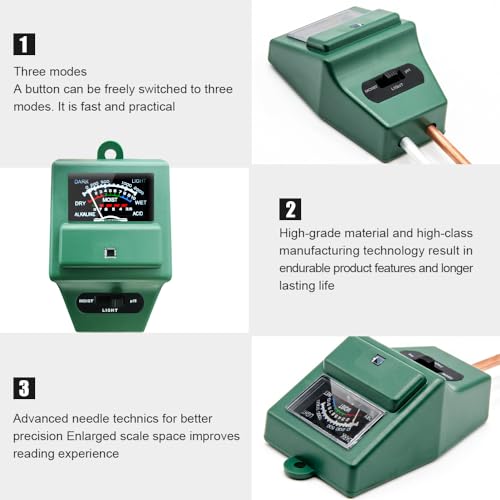 SONKIR Soil pH Meter, MS02 3-in-1 Soil Moisture/Light/pH Tester Gardening Tool Kits for Plant Care, Great for Garden, Lawn, Farm, Indoor & Outdoor Use (Green)