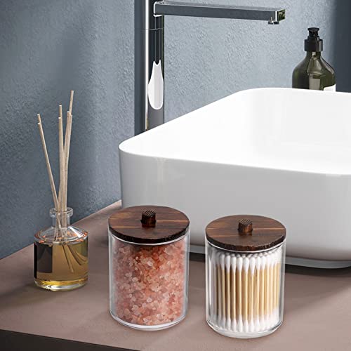 Tbestmax Qtips Holder Bathroom Container, 10 OZ Cotton Ball/Swabs Dispenser, Apothecary Jar Organizer for Storage Brown Wood Lids