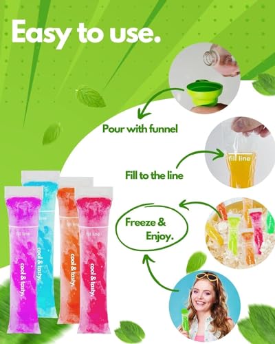 150 Disposable Popsicle Mold Bags with Zip Seals, 8x2" Freezer Tubes for DIY Ice Pops, Yogurt, Juice & Fruit Smoothies - Includes Funnel, BPA-Free, Ice Pop Molds