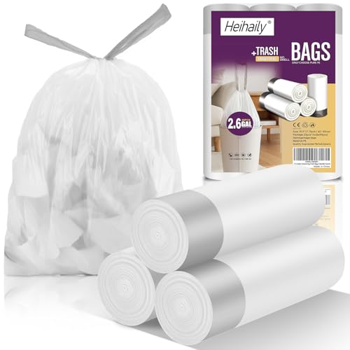 2.6-Gallon Trash Bags Heavy Duty - Heihaily Drawstring Kitchen Garbage Bags for Office/Bathroom, Leak-Proof Design, Odor Control Technology, Small Plastic Bags Clear(60 Count)