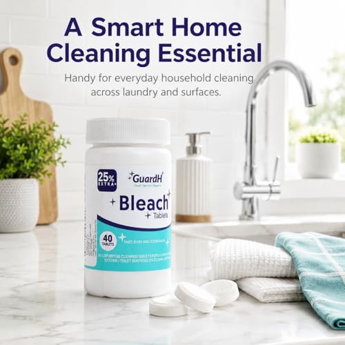 Bleach Tablets for Laundry & Household Cleaning – 40 Count Fast Dissolving Bleach Tabs for Washer, Toilet, Bathroom & Kitchen – Liquid Bleach Alternative – GuardH