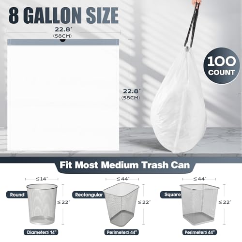 Drawstring 8 Gallon Trash Bags - 100 Count Pre-separated Medium Trash Bags 8 Gallon, Unscented White 8 Gal Garbage Bags