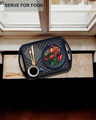 Large Nonslip Serving Tray with Handles, Silicone Grippy Dots Lap Food Trays for Eating, Dishwasher Safe Serve for Breakfast Dinner Snack Fruit Appetizers Beverage, Rectangular, Set of 2, Black