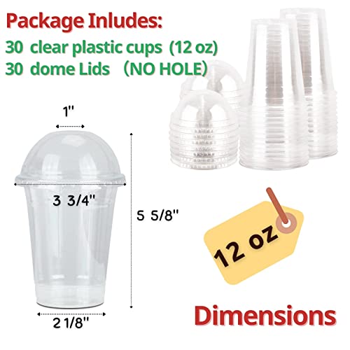 12 oz Clear Plastic Cups with Dome Lids No Hole - (30 Sets) PET Disposable Dessert Cup, Parfait cup for Ice Cream, Iced Cold Coffee Drinks, Cupcake. Fruit Cups for Kids bday Party with Nice Sealing