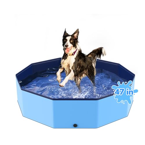 47'' Foldable Dog Pet Bath Pool, Heavy Duty Non-Slip Kiddie Pool, Plastic Pet Wading Pool for Puppy Small Medium Large Dogs, Indoor and Outdoor Kids Pet Dog Bathtub