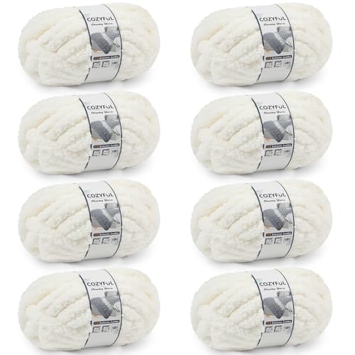Cozyful Chunky Yarn for Hand Knitting - #10 Chunky Chenille Yarn, Jumbo Big Thick Chunky Yarns for Crocheting, Super Bulky Chunky Knit Blanket Yarns, 8 Skein (22 yds 8 oz Each Skein), Cream