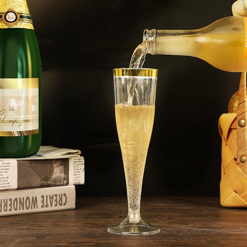 Zcaukya 100 Plastic Champagne Flutes, 4.5oz Clear Disposable Hard Stemware Cups with Golden Rim, Plastic Champagne Glasses for Wedding, Graduation Party, Bridal Shower, Birthday Party