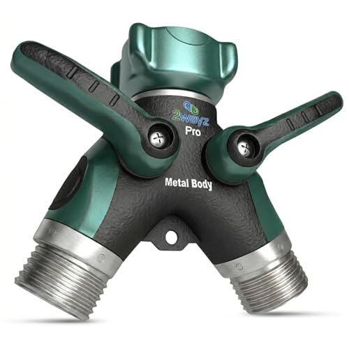 2WAYZ Hose Splitter 2 Way Heavy Duty Outdoor Faucet and Garden Connector - Water Spigot Splitter - Durable All-Metal Y Adapter with Shut-Off Valve - 4 x 4 x 1.5 Inches