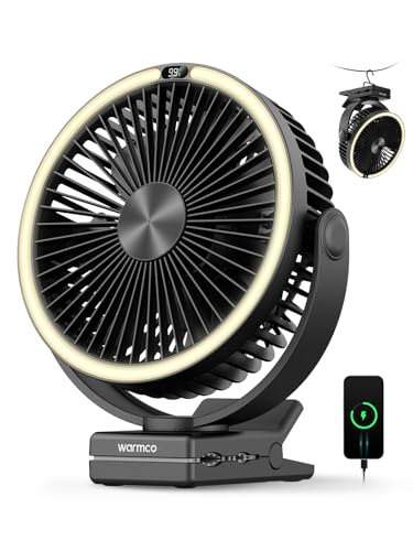 Warmco 15000mAh Portable Clip on Fan Rechargeable, 8 Inch Battery Powered Desk Fan, LED Lantern & Hook, 360° Rotate & 4 Speeds Strong Airflow for Camping Tent Office Outdoor Travel Golf Cart