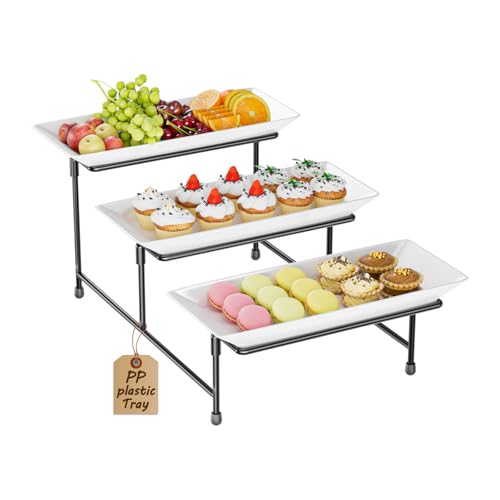 3 Tier Serving Tray for Party, 12.8"x7.5" BPA Free Food Grade Shatterproof Tiered Serving Platters with Steel Stand, Collapsible Dessert Display for Wedding, Graduation, BBQ, Holiday Events, Black