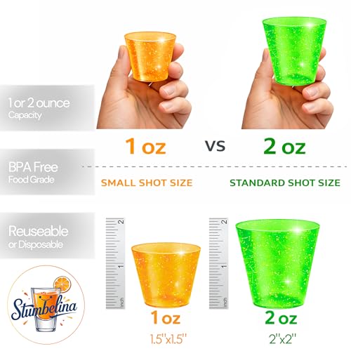 Stumbelina 100 COUNT (1 oz) NEON SPARKLE | PLASTIC SHOT GLASS CUPS | BRIGHT MULTI-COLOR Variety Pack | Disposable Party Mini Cups | Perfect for Jello Shots, Dessert Shooters, Parties, Weddings, Bars